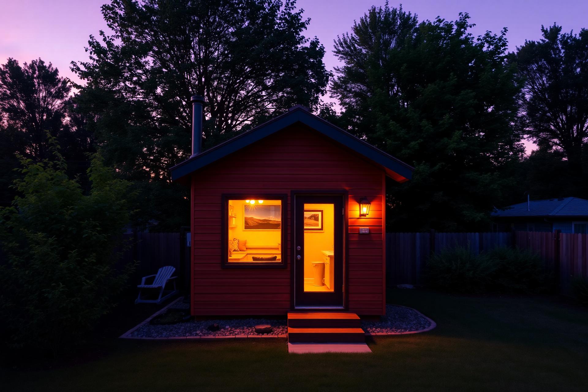 Modern blue-toned backyard ADU glowing at dusk in an upstate New York yard