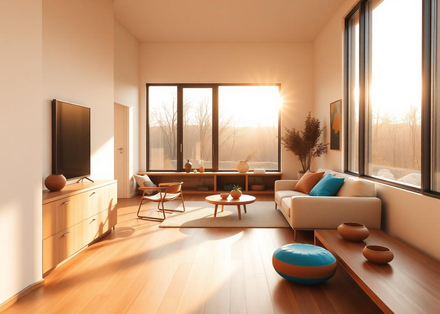 Bright modern interior of a New York ADU with cool blue accents and tall windows