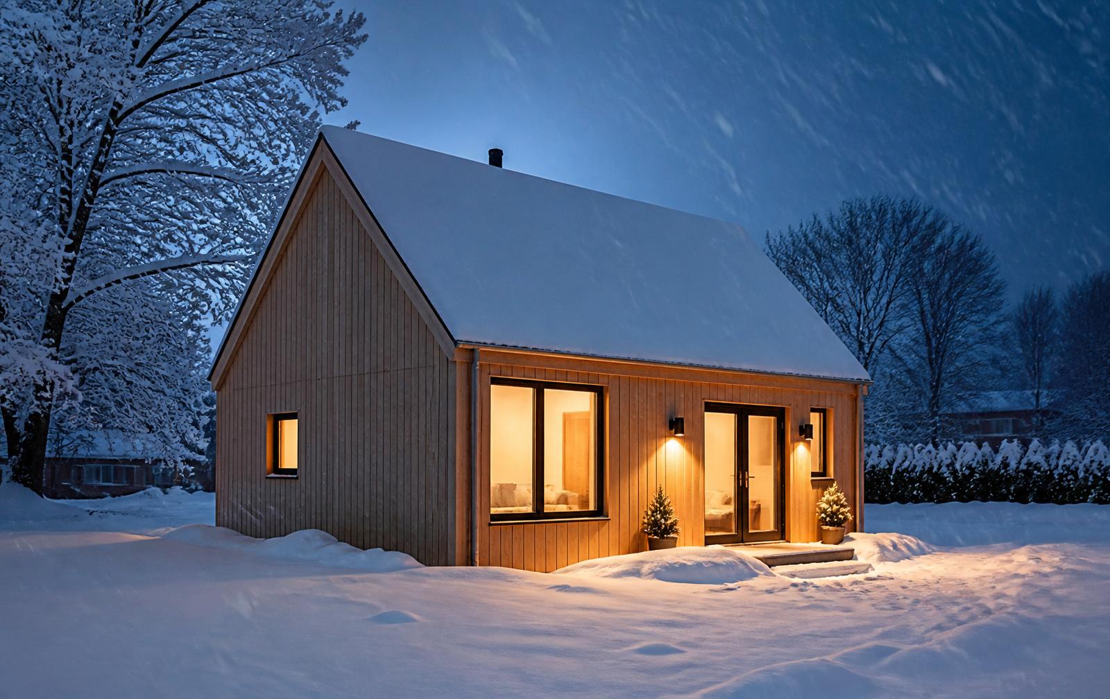 A modern ADU in Buffalo during a lake-effect snowstorm, with deep snow piles and warm interior light.